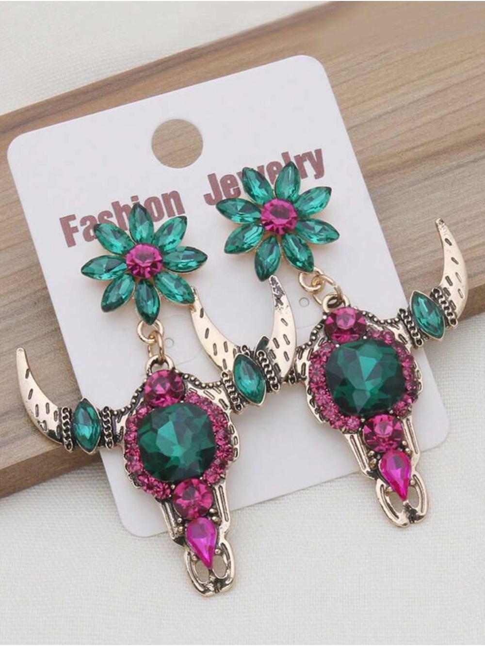Emerald & Fuchsia Crystal Bull Skull Drop Earrings - Fashion Jewelry